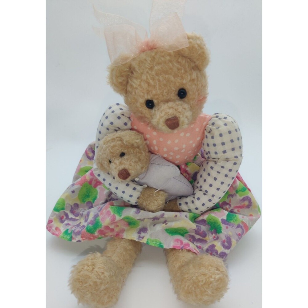Hallmark 14" Plush Tan Mama Bear Floral Dress Holding Baby Stuffed Animal